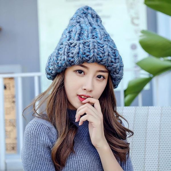 

beanie/skull caps winter women hat 2021 coarse knitted mix color thick stick warm beanies crochet fashion chunky casual stretchy hats, Blue;gray