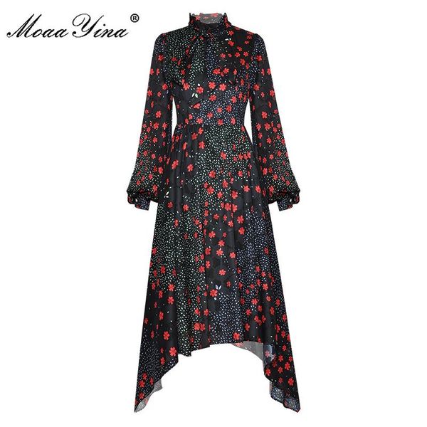 

moaayina fashion designer dress autumn women's dress lantern sleeve floral print vintage asymmetrical dresses, Black;gray