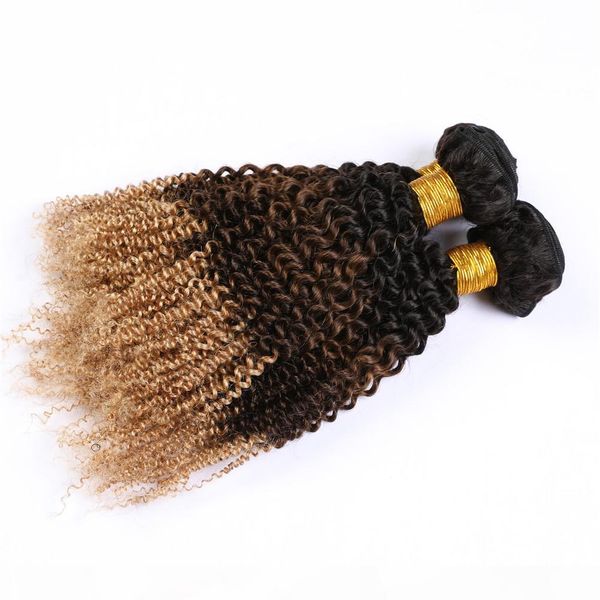 

#1b 4 27 honey blonde ombre hair weaves kinky curly human hair bundles 300gram three tone dark roots brazilian virgin hair extensions, Black;brown