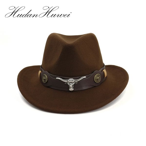 

british wool felt trilby jazz cowboy fedora hats cow-head leather band decor men women wide brim panama sun cap carnival fedoras t200508, Blue;gray