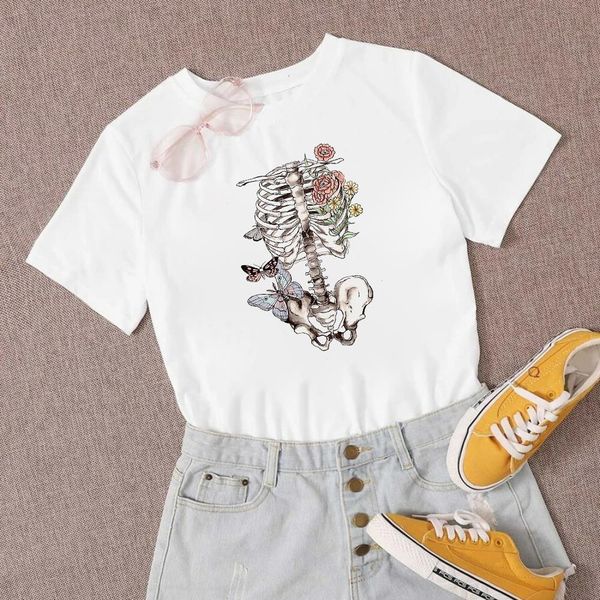 

wonderful fashion flower summer woman lady short sleeve o-neck butterfly floral skeleton tee loose printing t-shirt, White