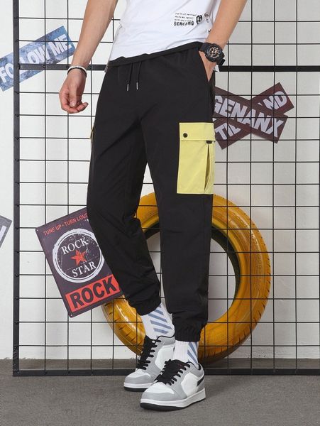 

men colorblock pocket drawstring pants b6nw#, Black
