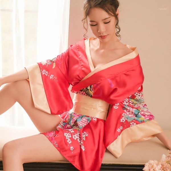 

yeng cute lady japanese kimono print satin kimono tie bow tie waist bathrobe nightgown pajamas set1, Black;red