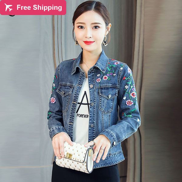 

plus multi-floral embroidered denim thin long casual sleeve chic female jacket 2020 new spring jean coat, Tan;black