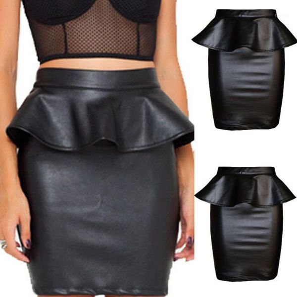

midi high waist skirt flounce hem hip leather short skirt tight undefined women pu leather bodycon wrap1, Black