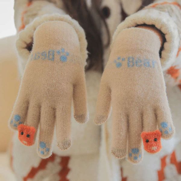 

winter warm gloves women' autumn and plush, cycling out full finger knitting wool lovely students can touch screen, Blue;gray