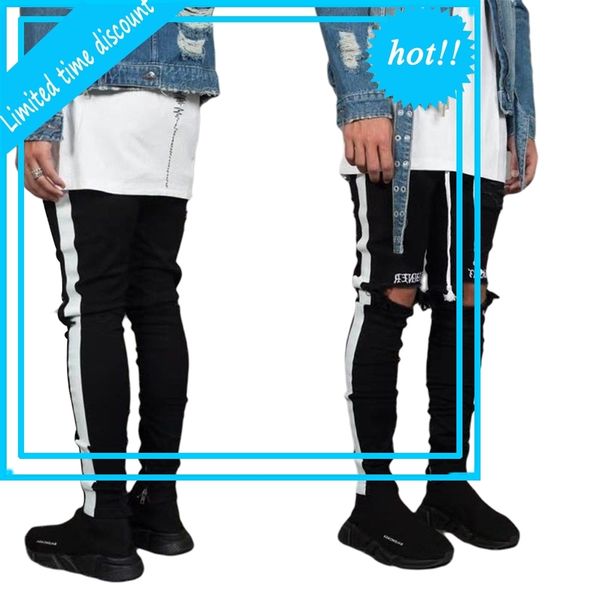 

gentlemen hip hop stylish ripped jeans biker skinny slim straight gerafeld denim casual broek for boys, Black