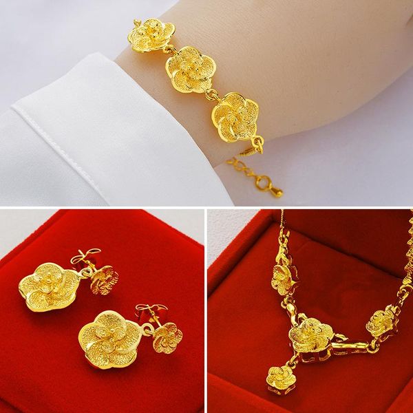 

womens wedding jewelry yellow gold filled vintage flower shaped pendant necklace earrings bracelet, Silver