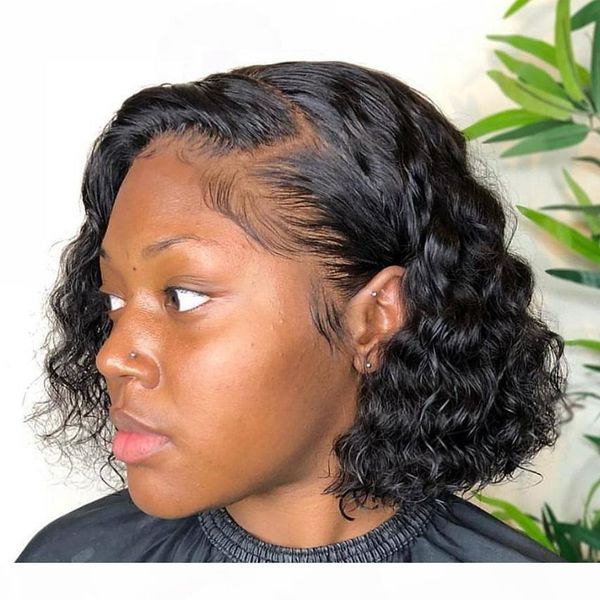 

transparent virgin hair wigs bob short deep wave with baby hair pre plucked virgin brazilian hair glueless transparent hd lace front bob wig, Black;brown