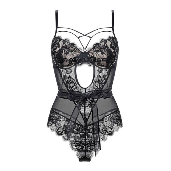 

new one piece bra women jumpsuit embroidery bodysuit black lingerie lace transparent underwear mesh hollow out rompers c1211, Black;white