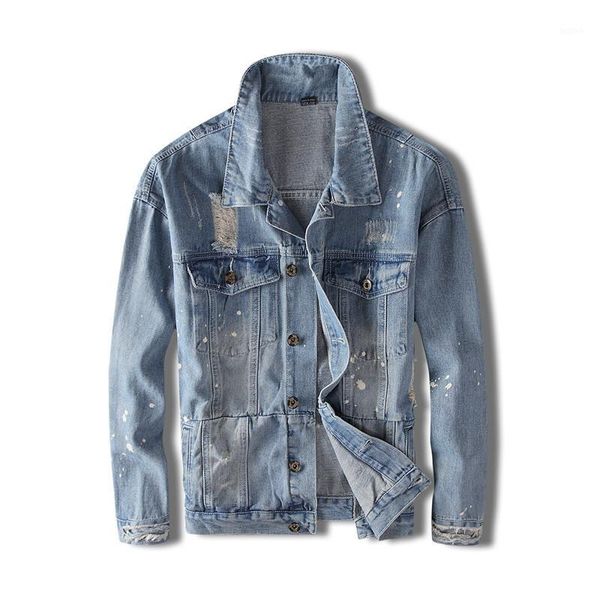 

moruancle men destroyed painted jean jackets with holes hi street ripped printed denim trucker jacket outerwear washed blue1, Black;brown