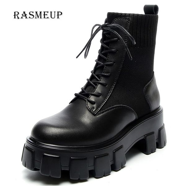 

rasmeup genuine leather women's platform boots luxury designer women chunky style boots fashion ladies shoes lace-up footwear lj201030, Black