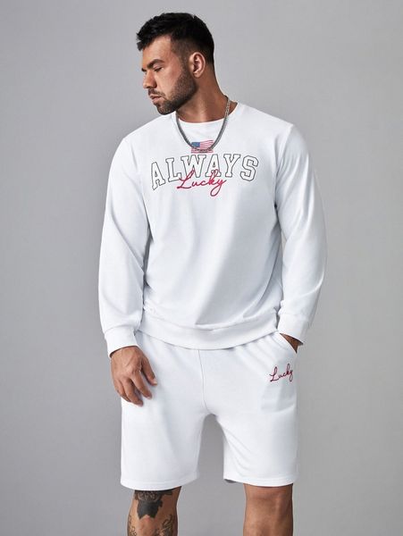 

extended sizes men letter & flag print sweatshirt & shorts set 986e#, Gray