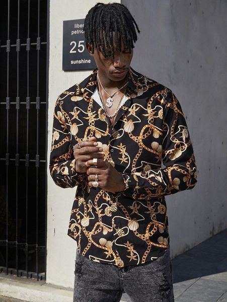 

men single breasted chain print shirt 18nm#, White;black