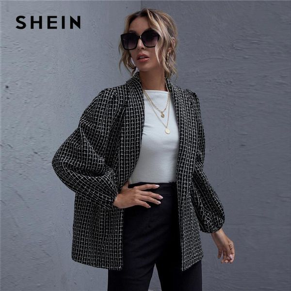 

shein black and white shawl neck lantern sleeve plaid tweed coat women winter open stitch office lady outwear elegant coats, Black;brown