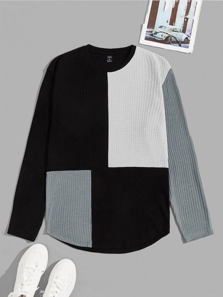 

men color block waffle knit tee e8cd#, White;black