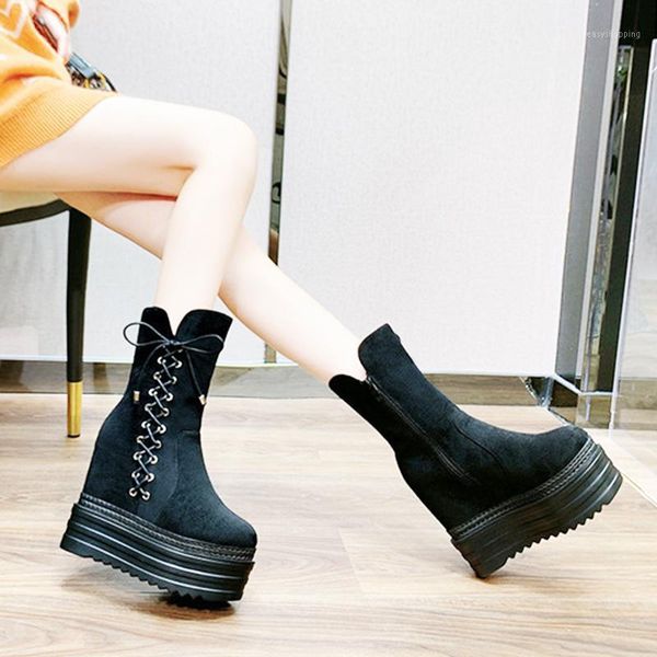 

women boots 2021 new winter muffin bottom short tube boots thick bottom heightening wedges heels women's shoes heel plush1, Black