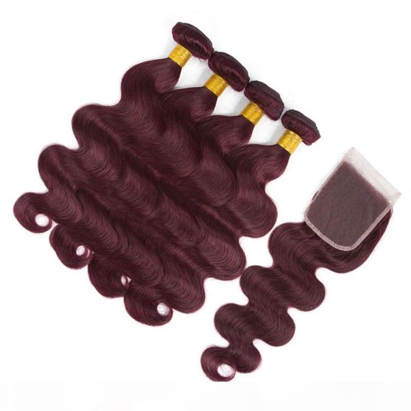 

body wave #99j wine red virgin brazilian human hair 4bundles with closure burgundy 4x4 lace front closure with virgin hair weave wefts, Black;brown