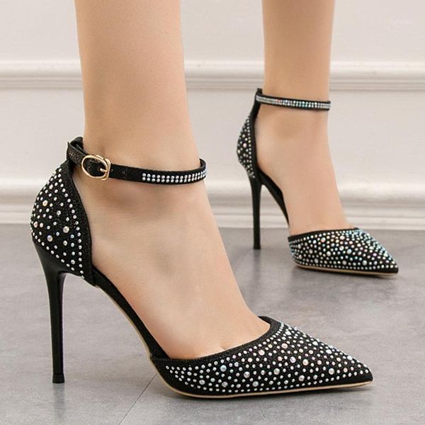 

party bling crystal pointed toe pu pumps women ankle buckle band sandals rhinestones stiletto super high heels shoes woman 20201, Black