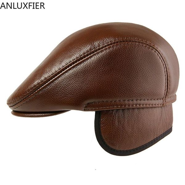 

berets h7594 genuine leather beret hat men middle-aged cowhide warm forward cap male autumn winter protection ear anti-cold caps, Blue;gray