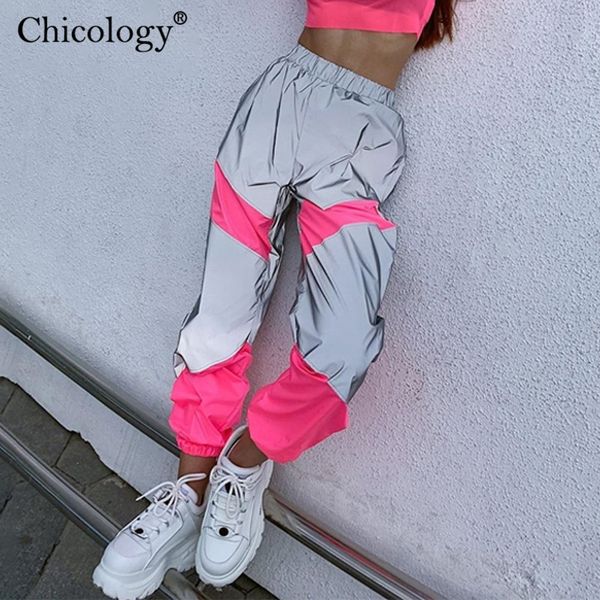 

chicology flash reflective patchwork high waist long pants women streetwear trouser autumn winter female club party clothes y200418, Black;white