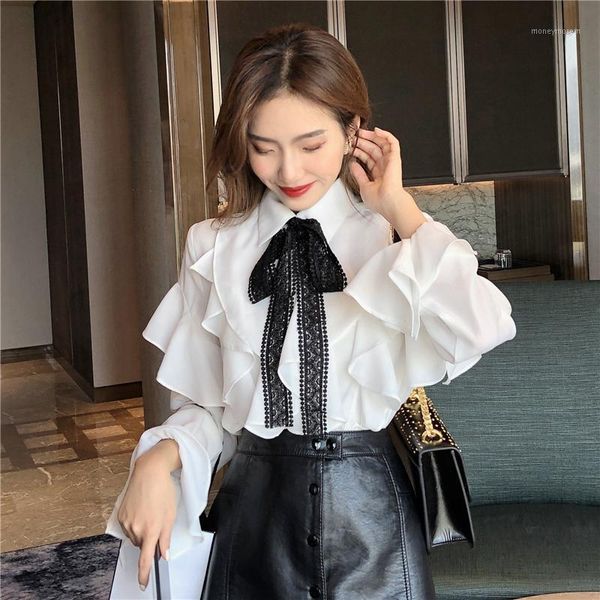 

women's blouses & shirts small fragrance lace bow white shirt women chiffon ruffle