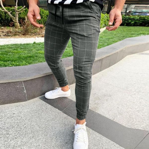 

men casual business slim fit plaid print long pants drawstring elastic plus size trousers pantalones hombre joggers sweatpants1, Black