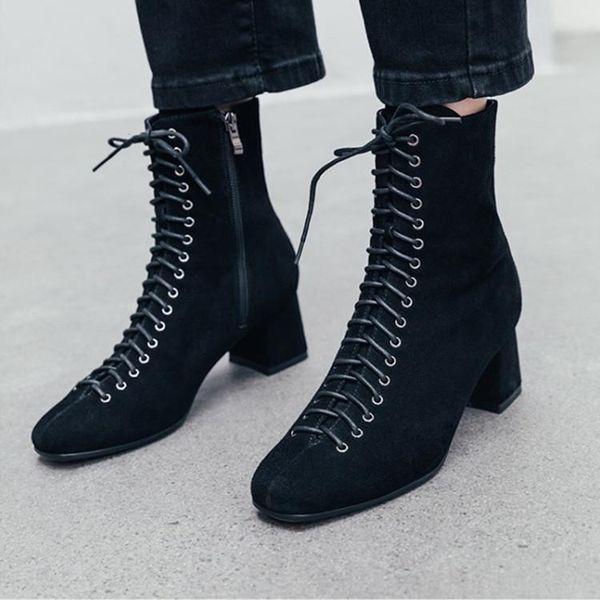 

boots cow suede ankle women platform high heels cross strap shoes thick heel short boot ladies casual footwear, Black