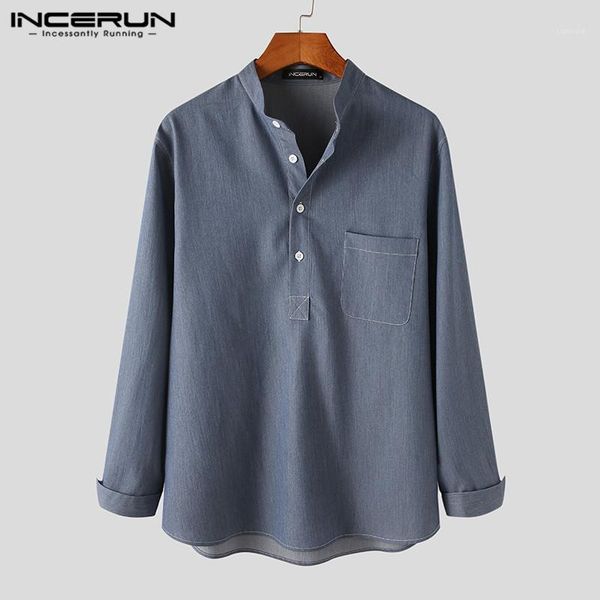 

incerun men casual shirt stand collar 2021 long sleeve korean streetwear blouse pockets loose fashion brand shirts camisa s-5xl1, White;black