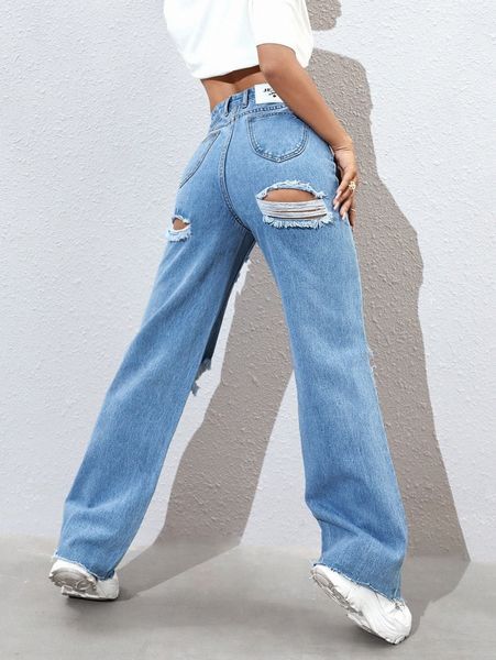 

high waist ripped raw hem boyfriend fit jeans i6h1#, Blue