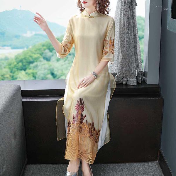 

2020 vintage improved cheongsam dress women pretty elegant embroidery modern aodai dress1, White;black