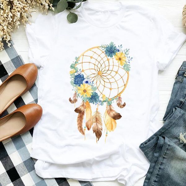 

watercolor dream web floral print t shirt women short sleeve o neck loose tshirt women tee shirt clothes camisetas mujer, White