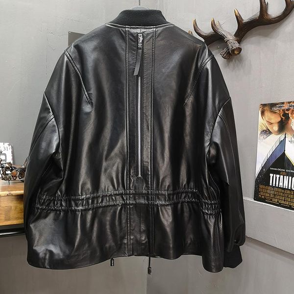 

women's leather & faux genuine jacket women real sheepskin ladies coat spring autumn punk gothic motorcycle streetwear outerwear plus s, Black