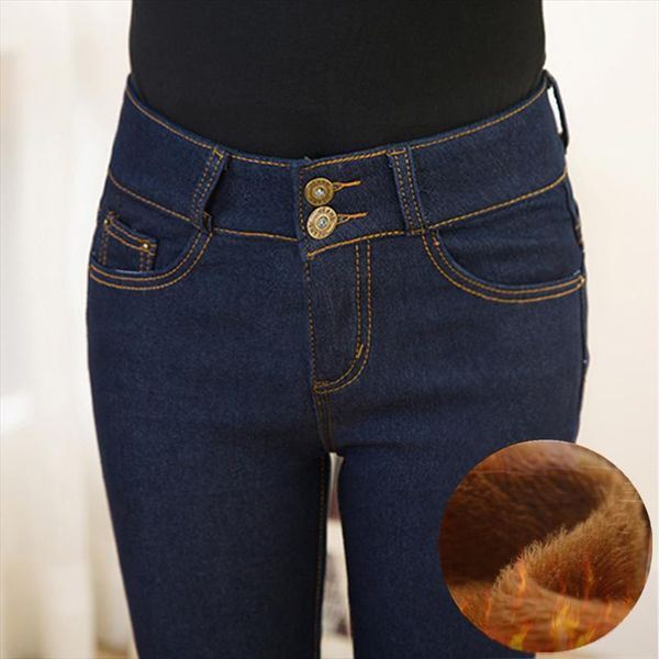 

oversized winter warm jeans pants for women gold fleeces thickening denim pants high waist mom jean trousers female p9107, Blue