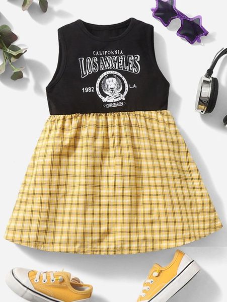 

baby letter & plaid print dress she, Red;yellow