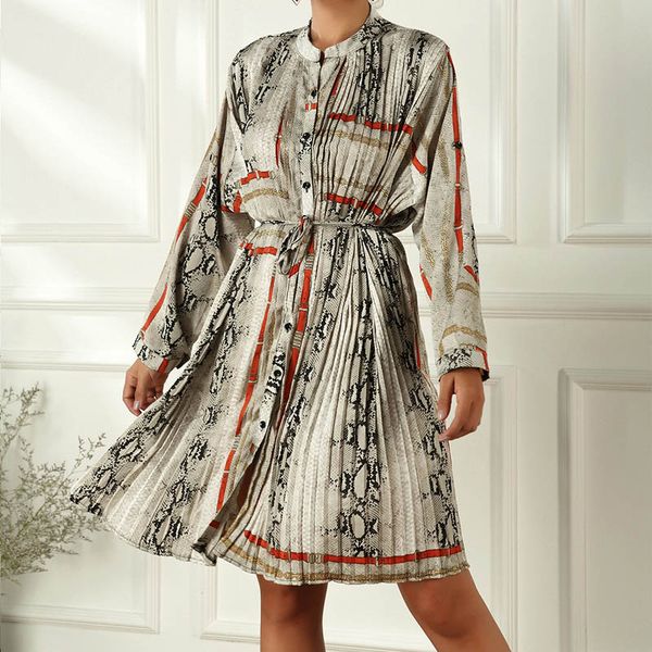 

european and american big-name printed totem shirt lapel waist with pleated loose plus size lazy dress, Black;gray