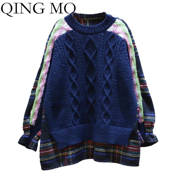 

qing mo apricot navy blue women knitted sweater 2020 women plaid patchwork sweater female fashionable zqy5522, White;black