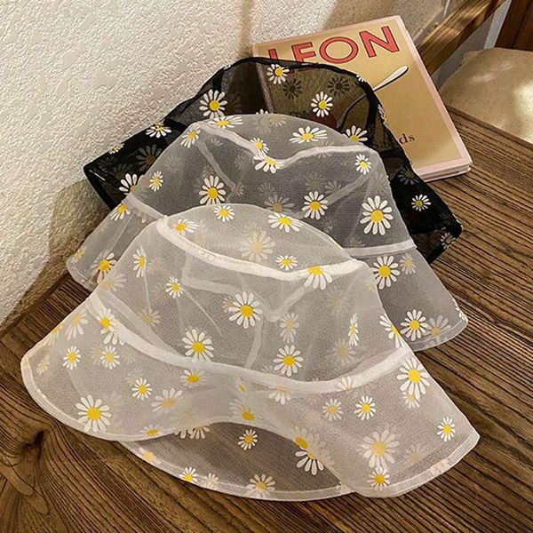 

2020 summer thin mesh gauze small daisy print fisherman hat female new outdoor breathable sun hat basin short brim women, Blue;gray