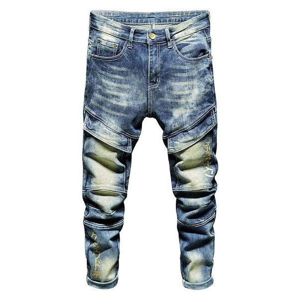 

kiovno new men's fashion retro jeans pannts knee pockets slim denim trousers male streetwear washed, Blue
