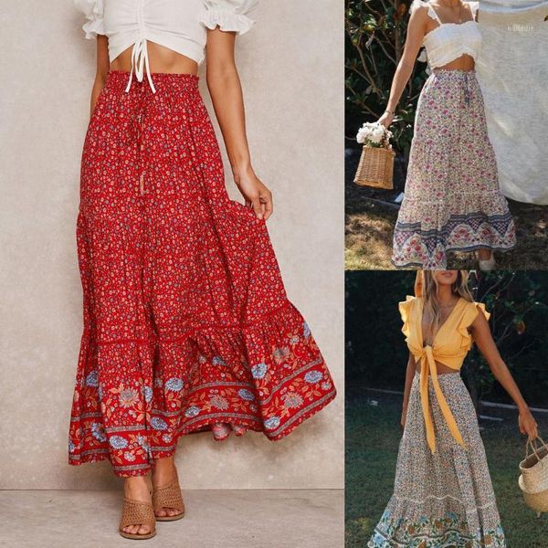 

2020 summer fashion clothes women boho long wrap skirts vintage high waist floral a-line pleated ladies maxi beach skirts 1301, Black