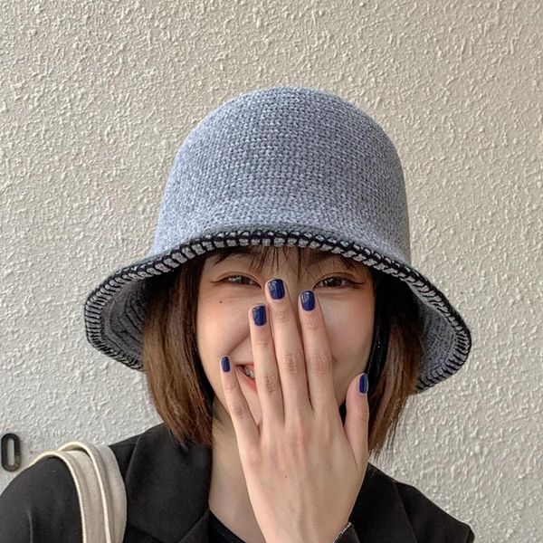 

wide brim hats women's hat autumn and winter harajuku knitted fisherman cap outdoor sunshade small basin, Blue;gray