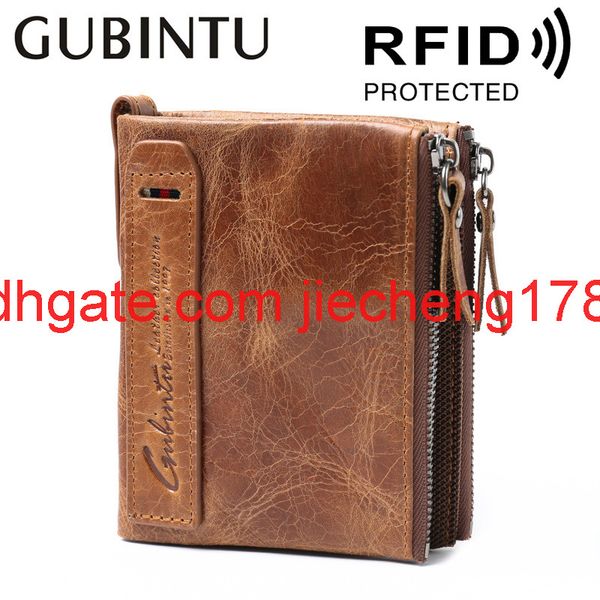

gubintu leather enterprise rfid men's zero wallet crazy horse cow leather double zipper wallet, Red;black