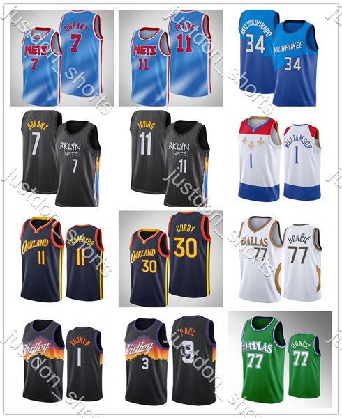 

mens irving 11 durant 7 doncic 77 antetokounmpo 34 booker 1 paul 13 curry 30 thompson 11 embroidery city black edition jerseys, Black;red