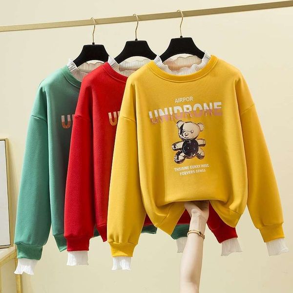 

fake two pieces of sweater women's 2020 new loose korean autumn and winter coat with plush thickening half high collar top, Gray