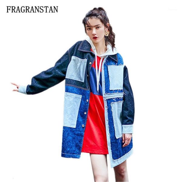 

harajuku hit color patch designs patchwork denim trench coat autumn winter women new fashion casual loose street style coat q3411, Tan;black