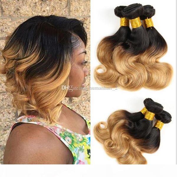 

two tone colored 1b 27 honey blonde body wave hair strawberry blonde ombre body wave 3 pcs hair weave peruvian virgin hair, Black;brown