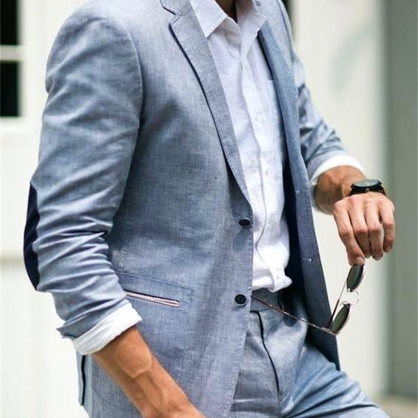 Smoking blu lino uomo vestito classico giacca estiva abiti da uomo per la cerimonia nuziale Smart Casual Beach Prom Blazer giacca sottile + pantaloni 201106