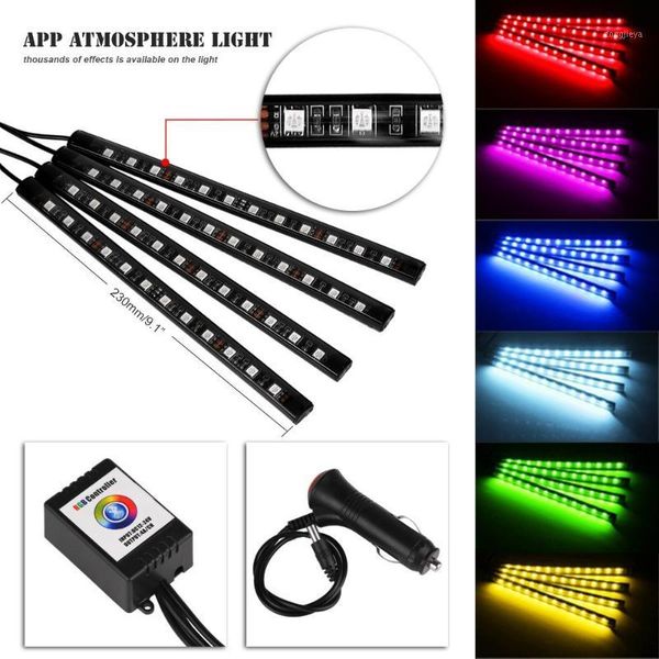 

interior&external lights car led strip light 4pcs 48 bluetooth app controller interior lights, multicolor music lighting kits charger1