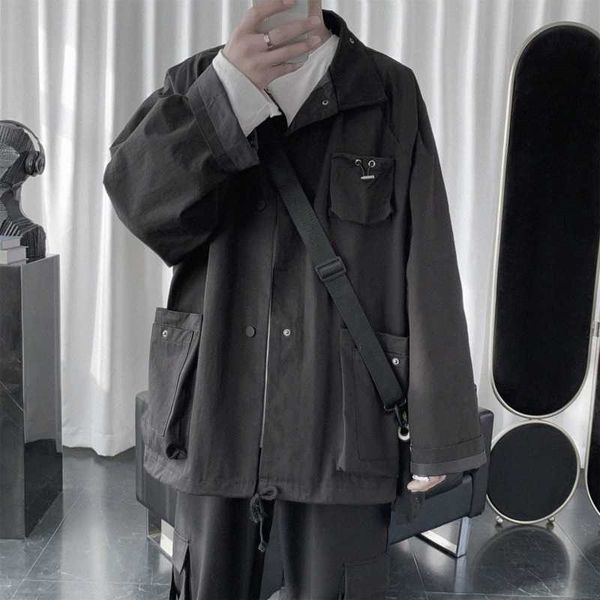 

autumn multi pocket tooling jacket mens fashion solid color casual jackets mens streetwear loose hip hop bomber jacket men cv0y#, Black;brown