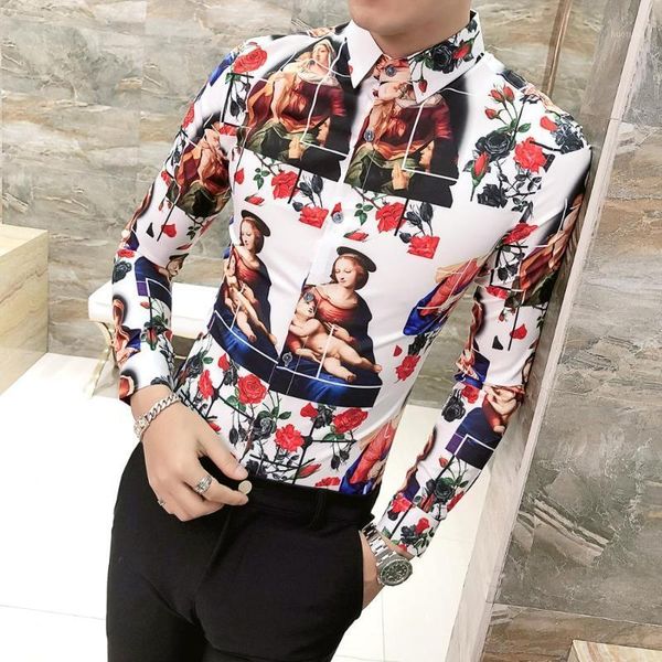 

korean style men shirt boutique casual long sleeve personalized floral printing 2020 new trendy slim night club men's clothing1, White;black